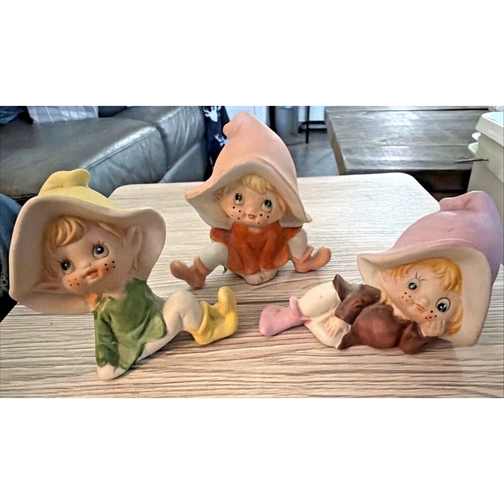 Vtg Homco Ceramic Bisque Pixie Elf Figurines Set of 3 Collectible Shelf Decor